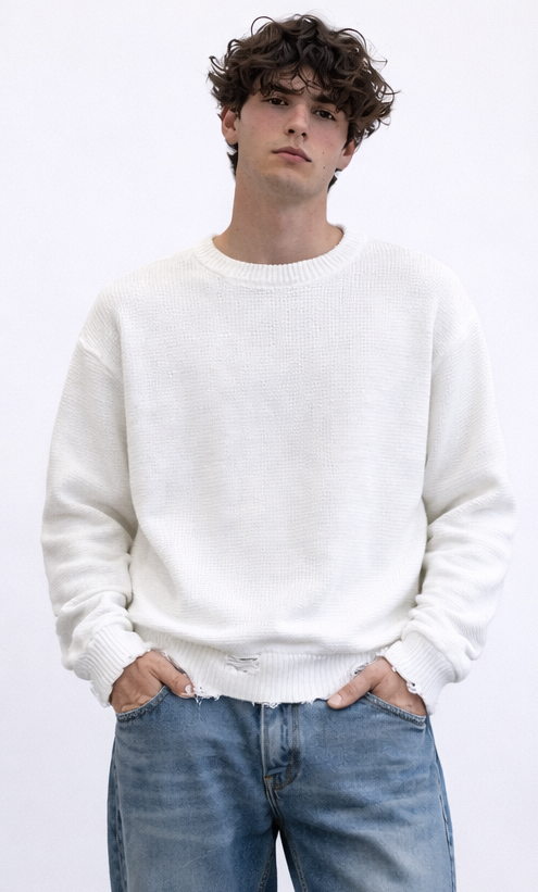 PULLOVER WHITE EFFETTO "DESTROYED"