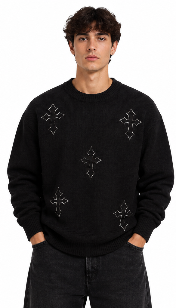 "ICED CROSS" BLACK PULLOVER