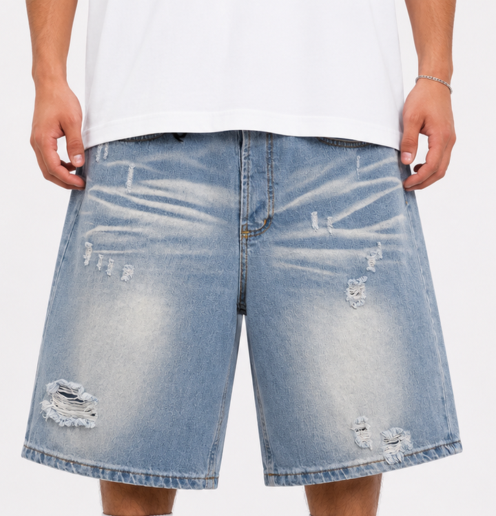 LIGHT DESTROYED DENIM SHORTS
