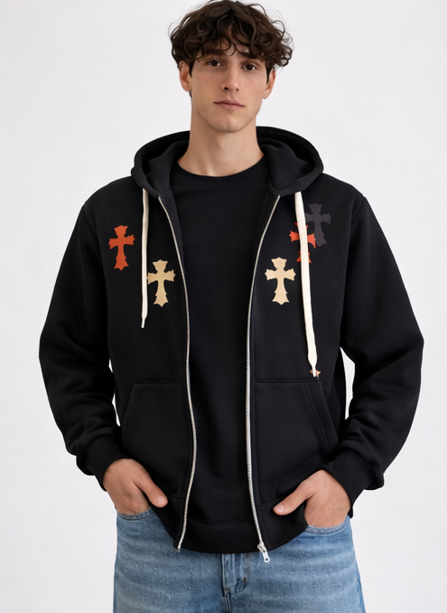 "CROSS" BLACK ZIP HOODIE