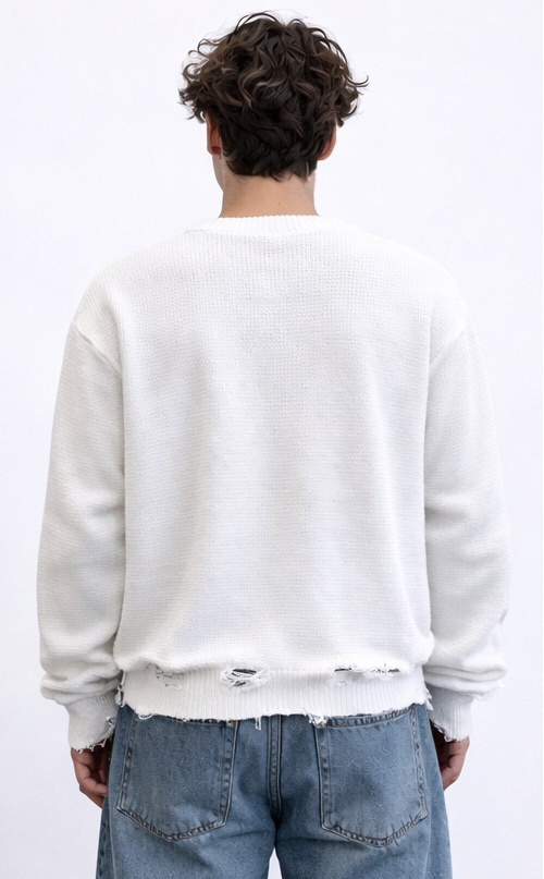 PULLOVER WHITE EFFETTO "DESTROYED"