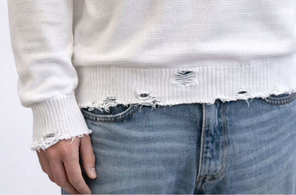 PULLOVER WHITE EFFETTO "DESTROYED"