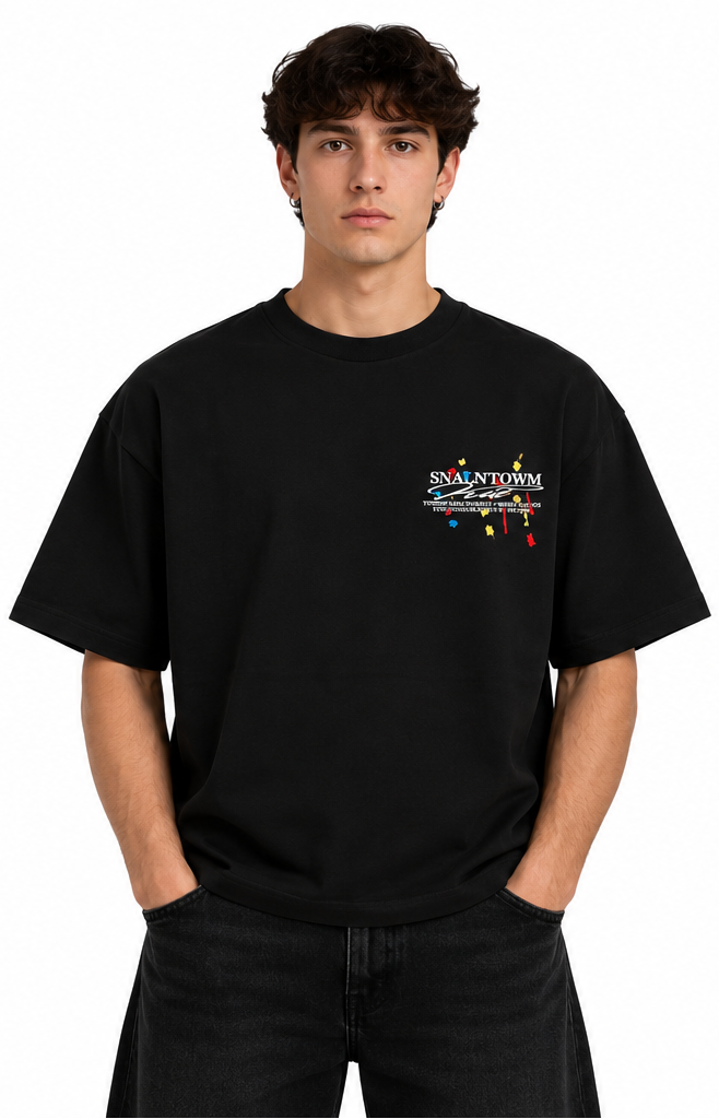 "MULTI EMBROIRED" BLACK TEE